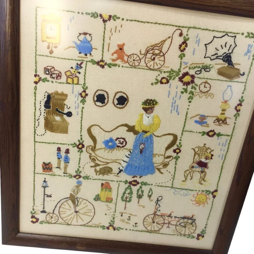 Vtg Finished Framed Crewel Embroidery Spinnerin Nostalgia 326 Elaine Thompson